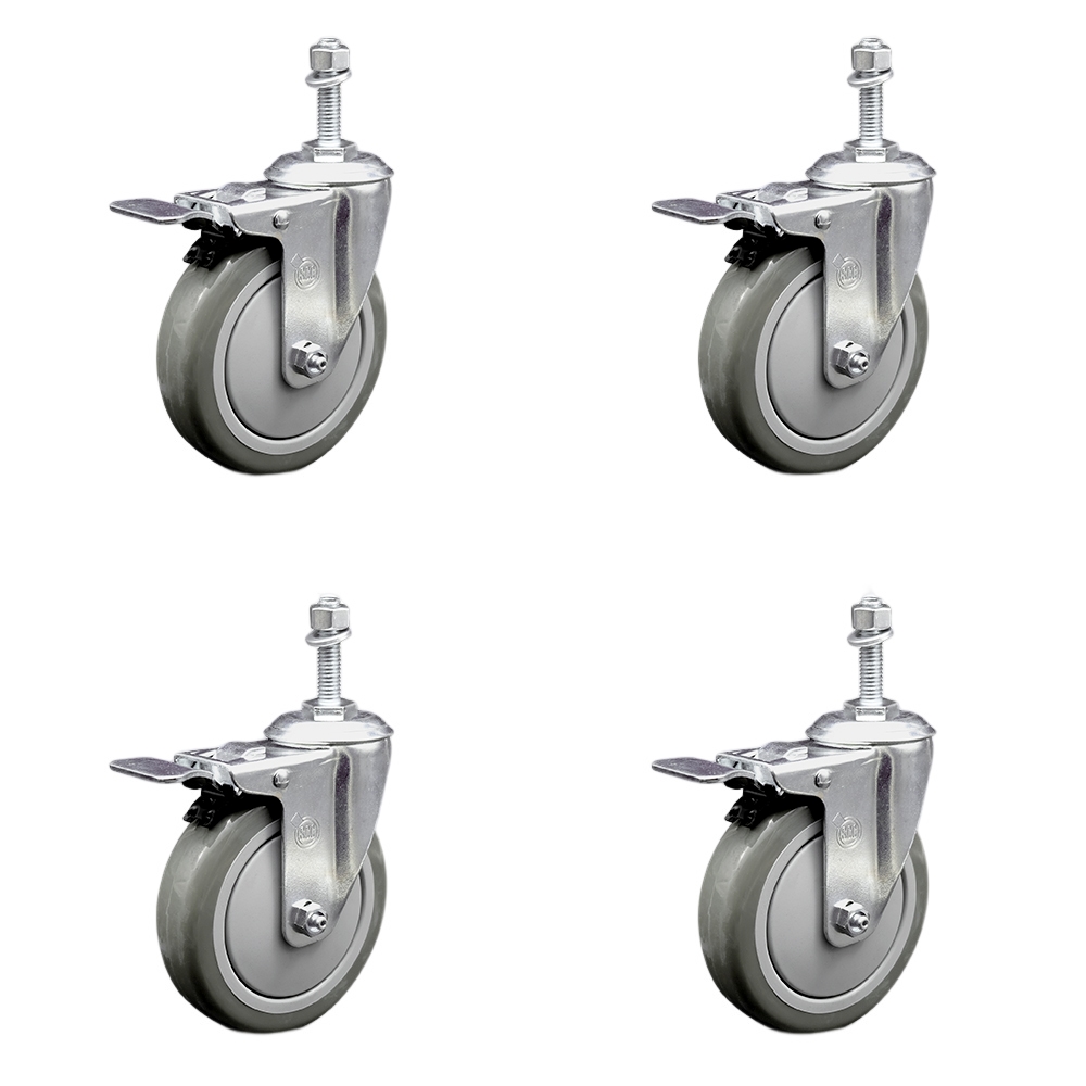 Stainless Steel Polyurethane Swivel Threaded Stem Caster Set of 4 w/5" x 1.25" Gray Wheels and 10mm Stems - Includes 4 with Total Lock Brakes - 1400 lbs Total Capacity - Service Caster Brand — photo 1