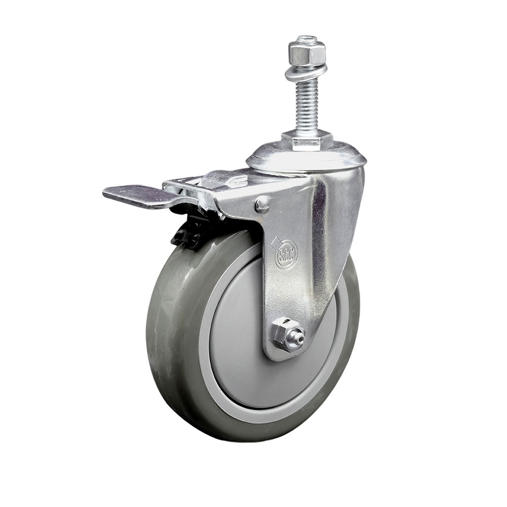 Stainless Steel Polyurethane Swivel Threaded Stem Caster w/5" x 1.25"  Gray Wheel and 10mm Stem & Total Locking Brake - 350 lbs Capacity/Caster - Service Caster Brand — photo 1