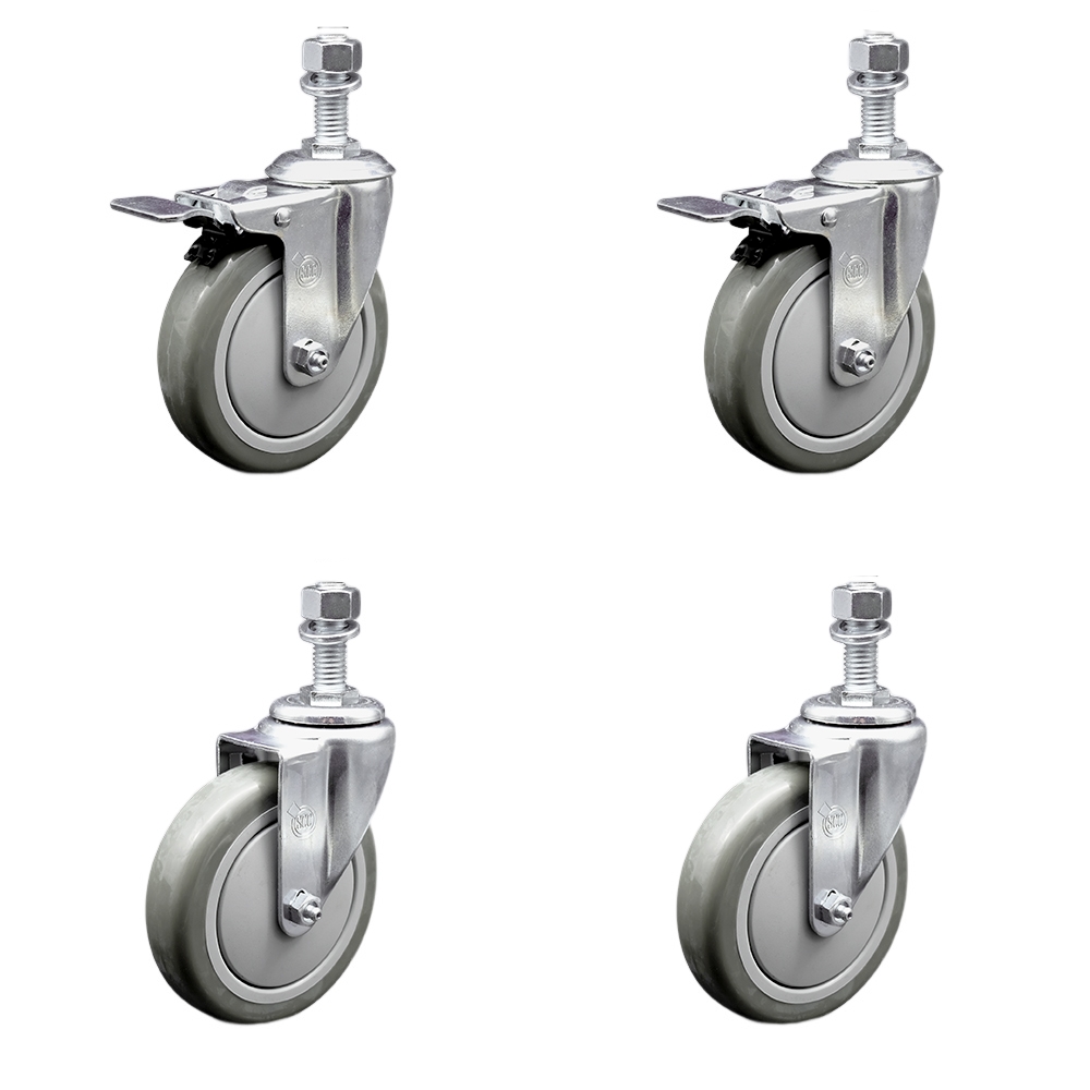 Stainless Steel Polyurethane Swivel Threaded Stem Caster Set of 4 w/5" x 1.25"  Gray Wheels and 12mm Stems - Includes 2 with Total Locking Brake - 1400 lbs Total Capacity - Service Caster Brand — photo 1