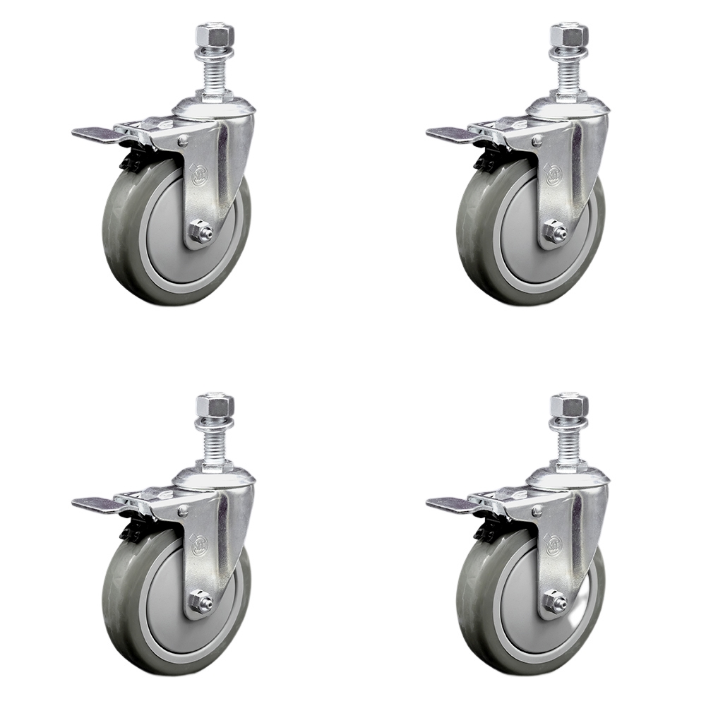 Stainless Steel Polyurethane Swivel Threaded Stem Caster Set of 4 w/5" x 1.25" Gray Wheels and 12mm Stems - Includes 4 with Total Lock Brakes - 1400 lbs Total Capacity - Service Caster Brand — photo 1