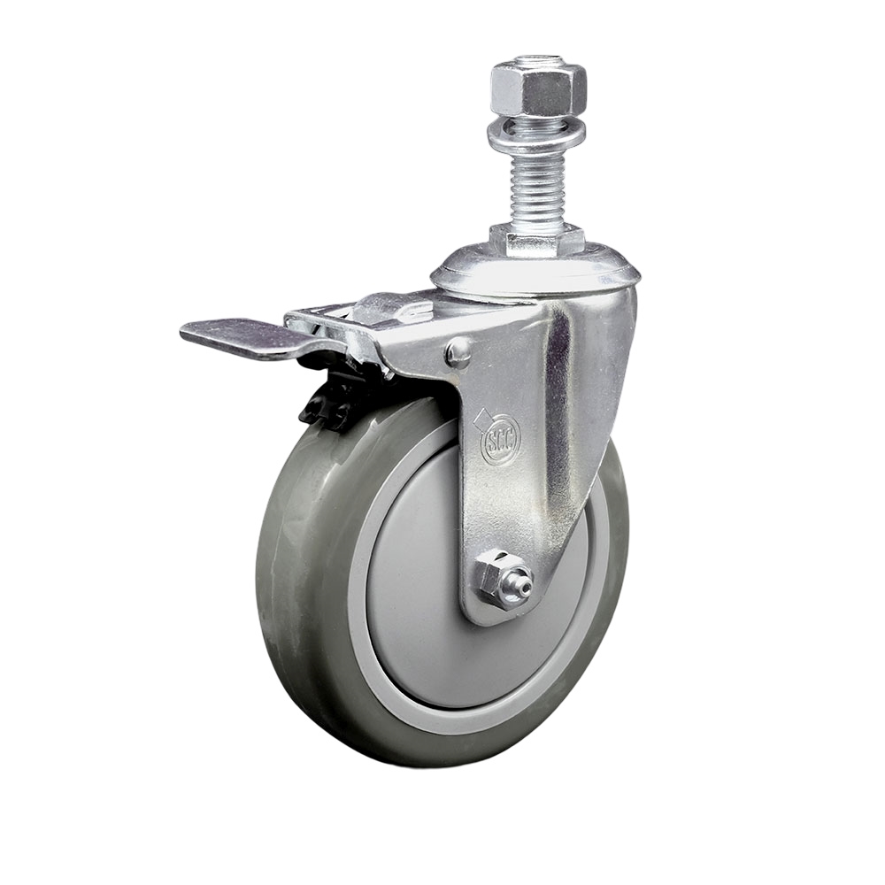 Stainless Steel Polyurethane Swivel Threaded Stem Caster w/5" x 1.25"  Gray Wheel and 12mm Stem & Total Locking Brake - 350 lbs Capacity/Caster - Service Caster Brand — photo 1