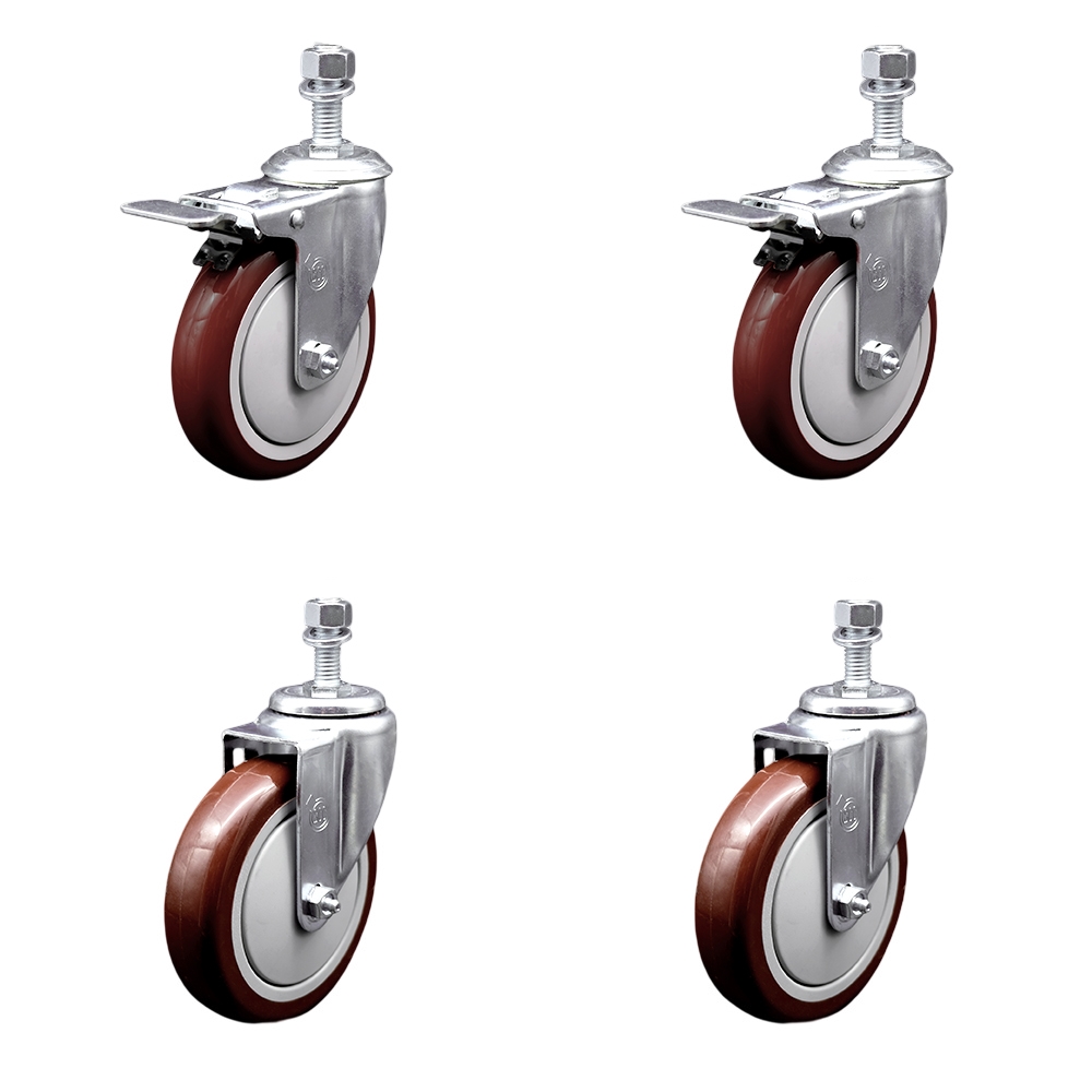 Stainless Steel Polyurethane Swivel Threaded Stem Caster Set of 4 w/5" x 1.25" Maroon Wheels and 1/2" Stems - Includes 2 with Total Locking Brake - 1400 lbs Total Capacity - Service Caster Brand — photo 1