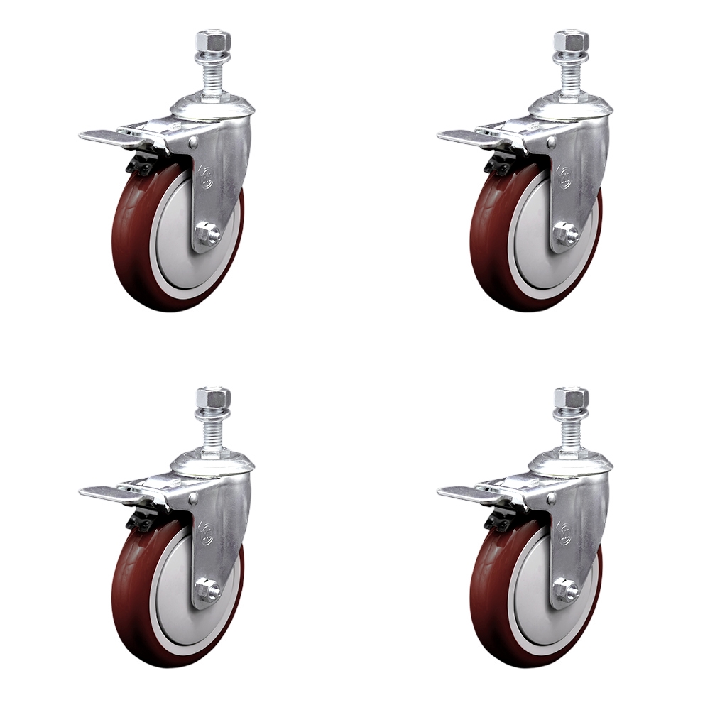 Stainless Steel Polyurethane Swivel Threaded Stem Caster Set of 4 w/5" x 1.25" Maroon Wheels and 1/2" Stems - Includes 4 with Total Lock Brakes - 1400 lbs Total Capacity - Service Caster Brand — photo 1