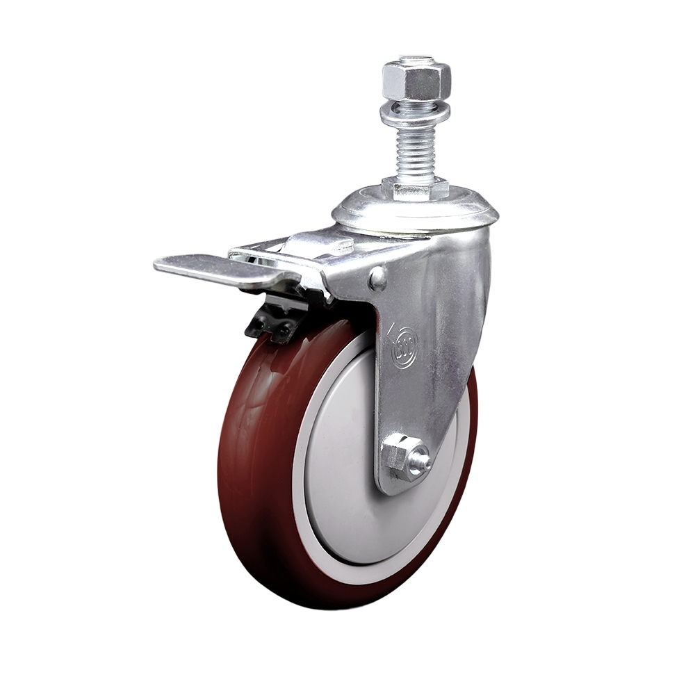 Stainless Steel Polyurethane Swivel Threaded Stem Caster w/5" x 1.25"  Maroon Wheel and 1/2" Stem & Total Locking Brake - 350 lbs Capacity/Caster - Service Caster Brand — photo 1