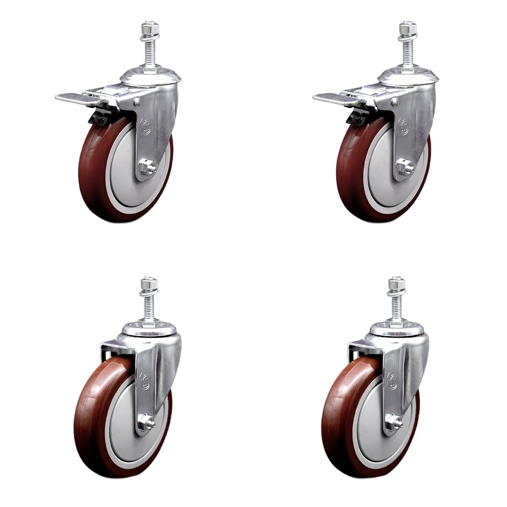 Stainless Steel Polyurethane Swivel Threaded Stem Caster Set of 4 w/5" x 1.25" Maroon Wheels and 3/8" Stems - Includes 2 with Total Locking Brake - 1400 lbs Total Capacity - Service Caster Brand — photo 1