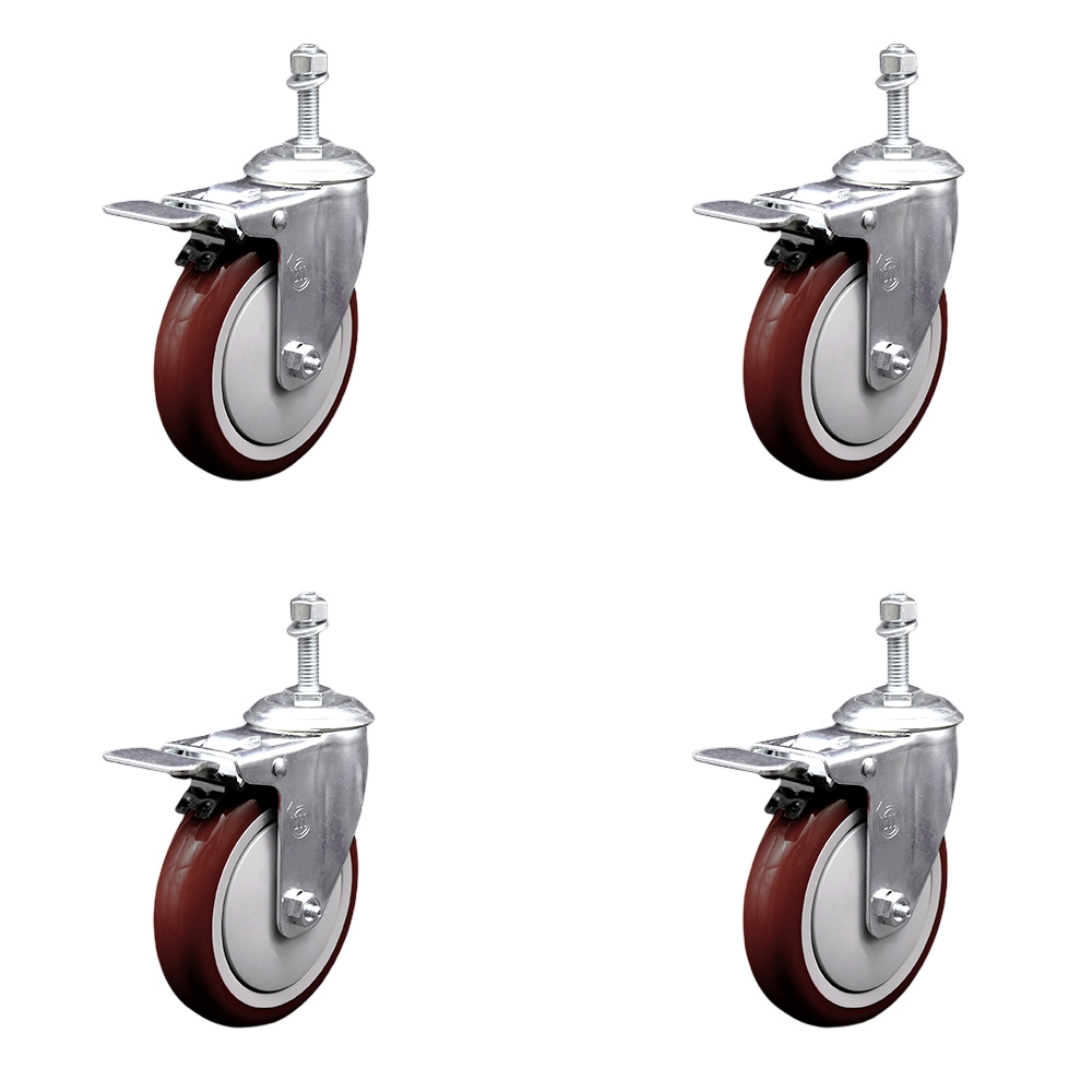 Stainless Steel Polyurethane Swivel Threaded Stem Caster Set of 4 w/5" x 1.25" Maroon Wheels and 3/8" Stems - Includes 4 with Total Lock Brakes - 1400 lbs Total Capacity - Service Caster Brand — photo 1