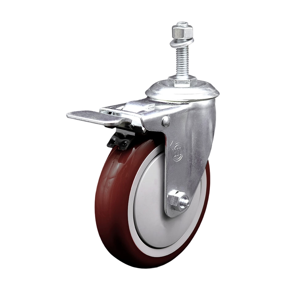 Stainless Steel Polyurethane Swivel Threaded Stem Caster w/5" x 1.25" Maroon Wheel and 10mm Stem & Total Locking Brake - 350 lbs Capacity/Caster - Service Caster Brand — photo 1