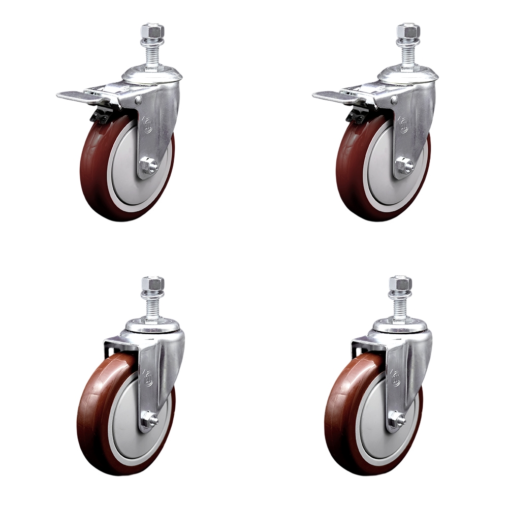 Stainless Steel Polyurethane Swivel Threaded Stem Caster Set of 4 w/5" x 1.25"  Maroon Wheels and 12mm Stems - Includes 2 with Total Locking Brake - 1400 lbs Total Capacity - Service Caster Brand — photo 1