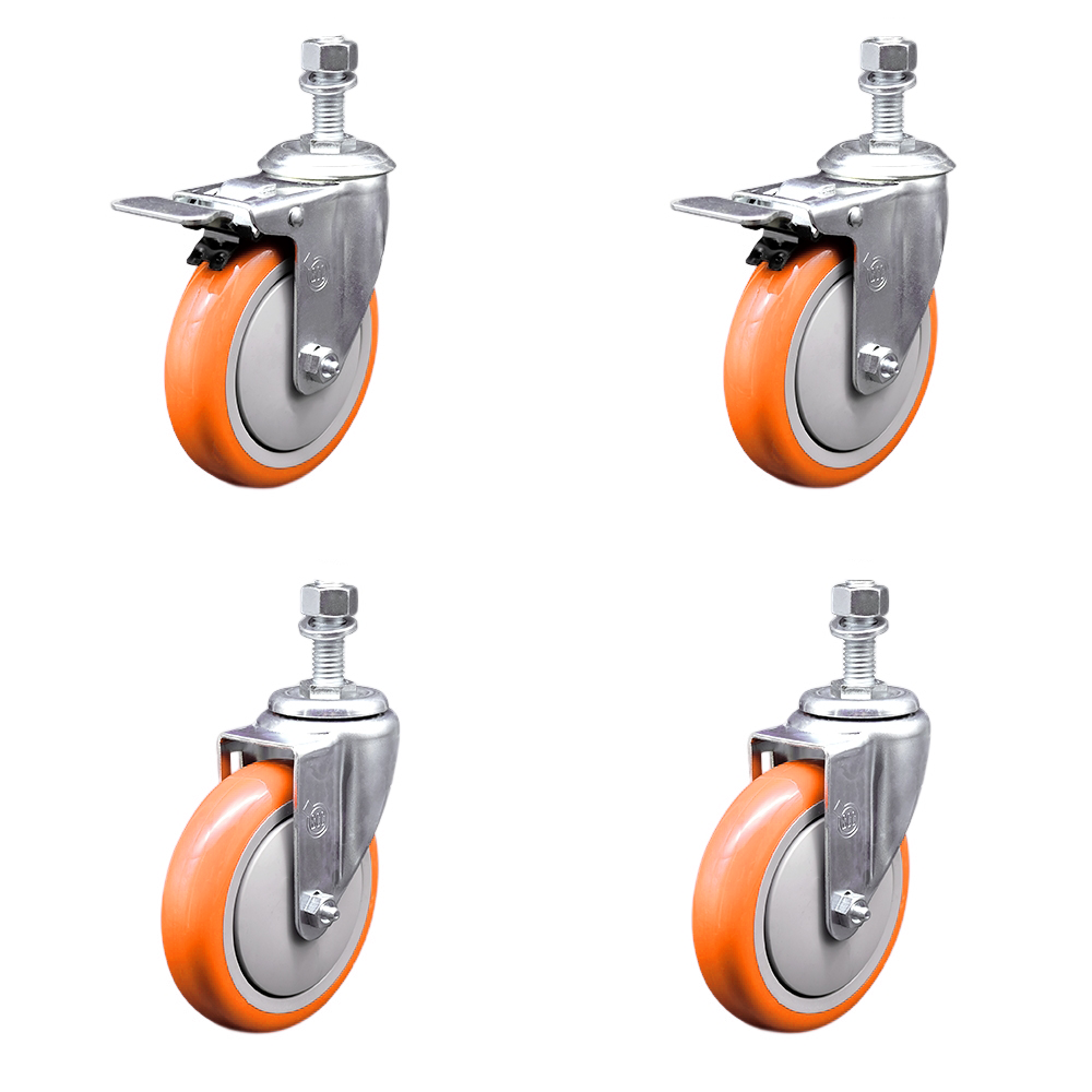 Stainless Steel Polyurethane Swivel Threaded Stem Caster Set of 4 w/5" x 1.25" Orange Wheels and 1/2" Stems - Includes 2 with Total Locking Brake - 1400 lbs Total Capacity - Service Caster Brand — photo 1