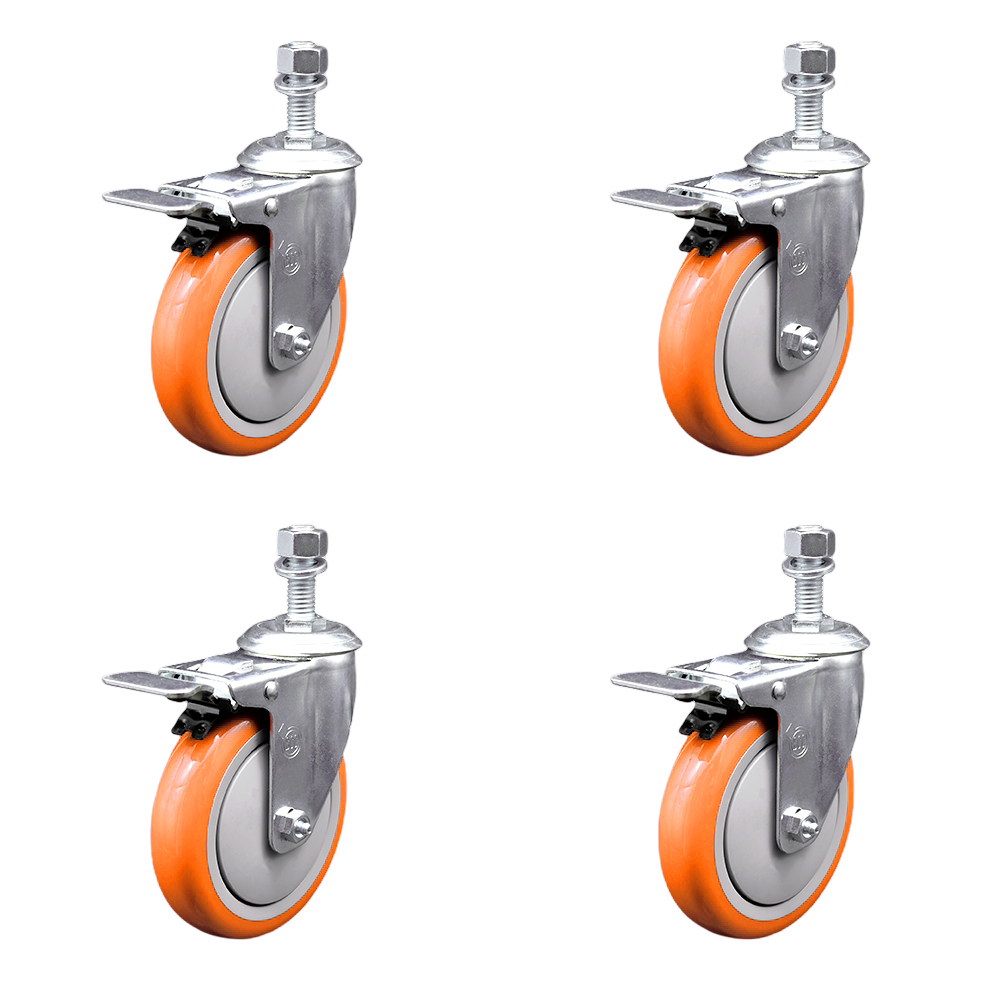 Stainless Steel Polyurethane Swivel Threaded Stem Caster Set of 4 w/5" x 1.25" Orange Wheels and 1/2" Stems - Includes 4 with Total Lock Brakes - 1400 lbs Total Capacity - Service Caster Brand — photo 1