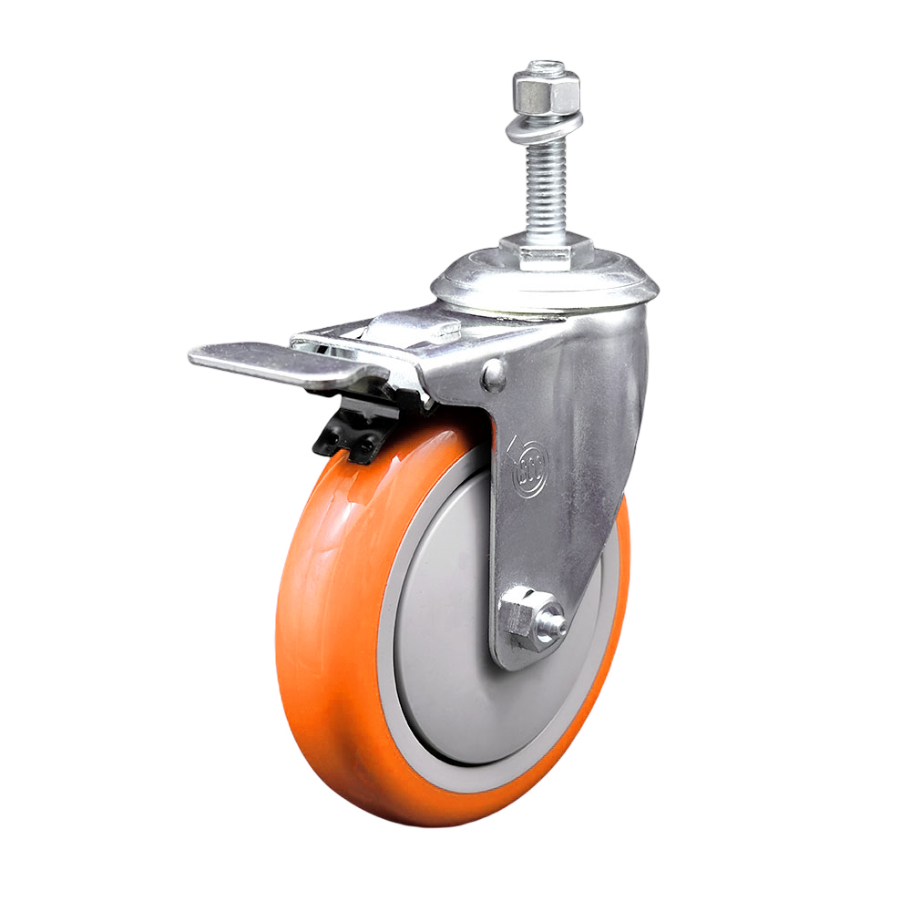 Polyurethane Swivel Stem Caster with 5 Inch Orange Caster Wheel and Total Lock Brake - 3/8" Threaded Stem - 316 Stainless Steel Caster - 350 lbs. Capacity Per Caster - Service Caster Brand — photo 1