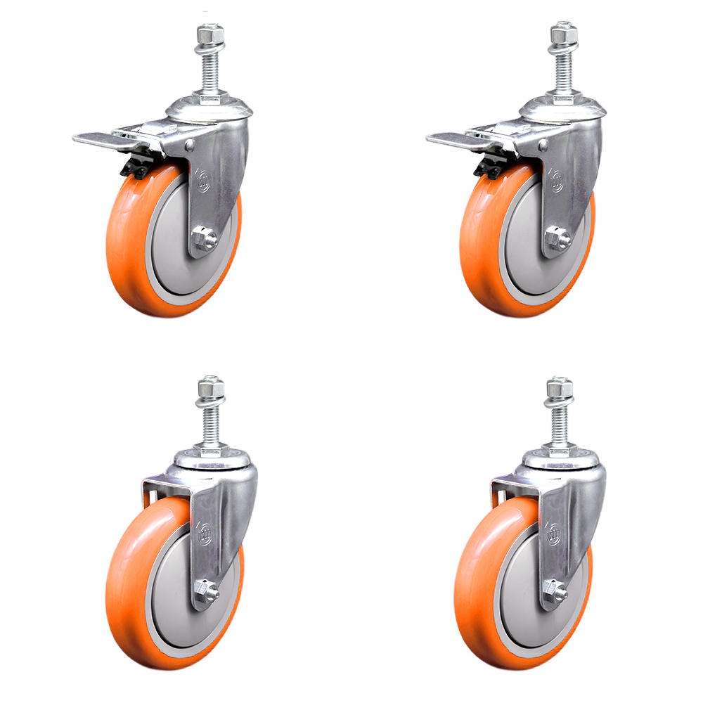 Stainless Steel Polyurethane Swivel Threaded Stem Caster Set of 4 w/5" x 1.25"  Orange Wheels and 10mm Stems - Includes 2 with Total Locking Brake - 1400 lbs Total Capacity - Service Caster Brand — photo 1