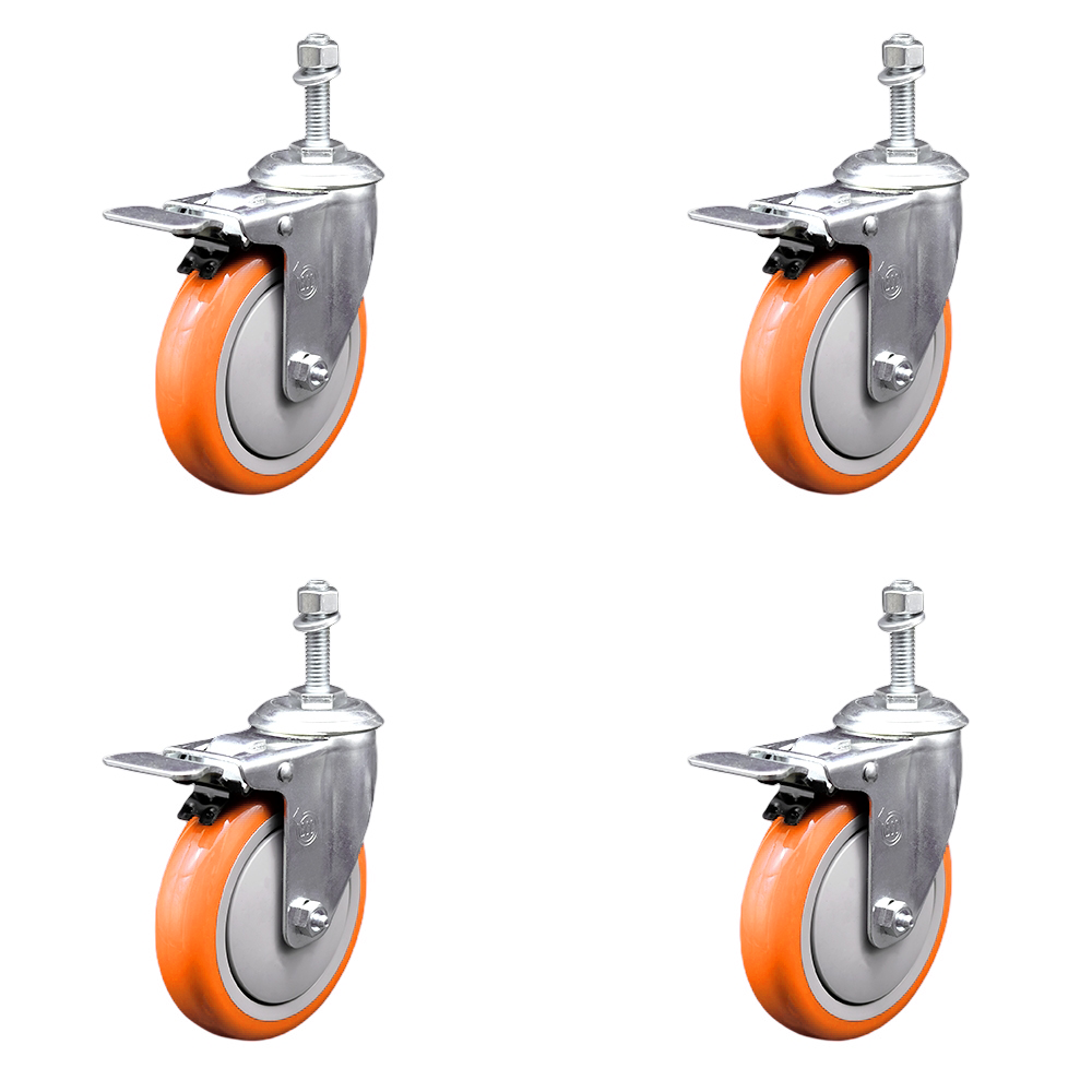 Stainless Steel Polyurethane Swivel Threaded Stem Caster Set of 4 w/5" x 1.25" Orange Wheels and 10mm Stems - Includes 4 with Total Lock Brakes - 1400 lbs Total Capacity - Service Caster Brand — photo 1