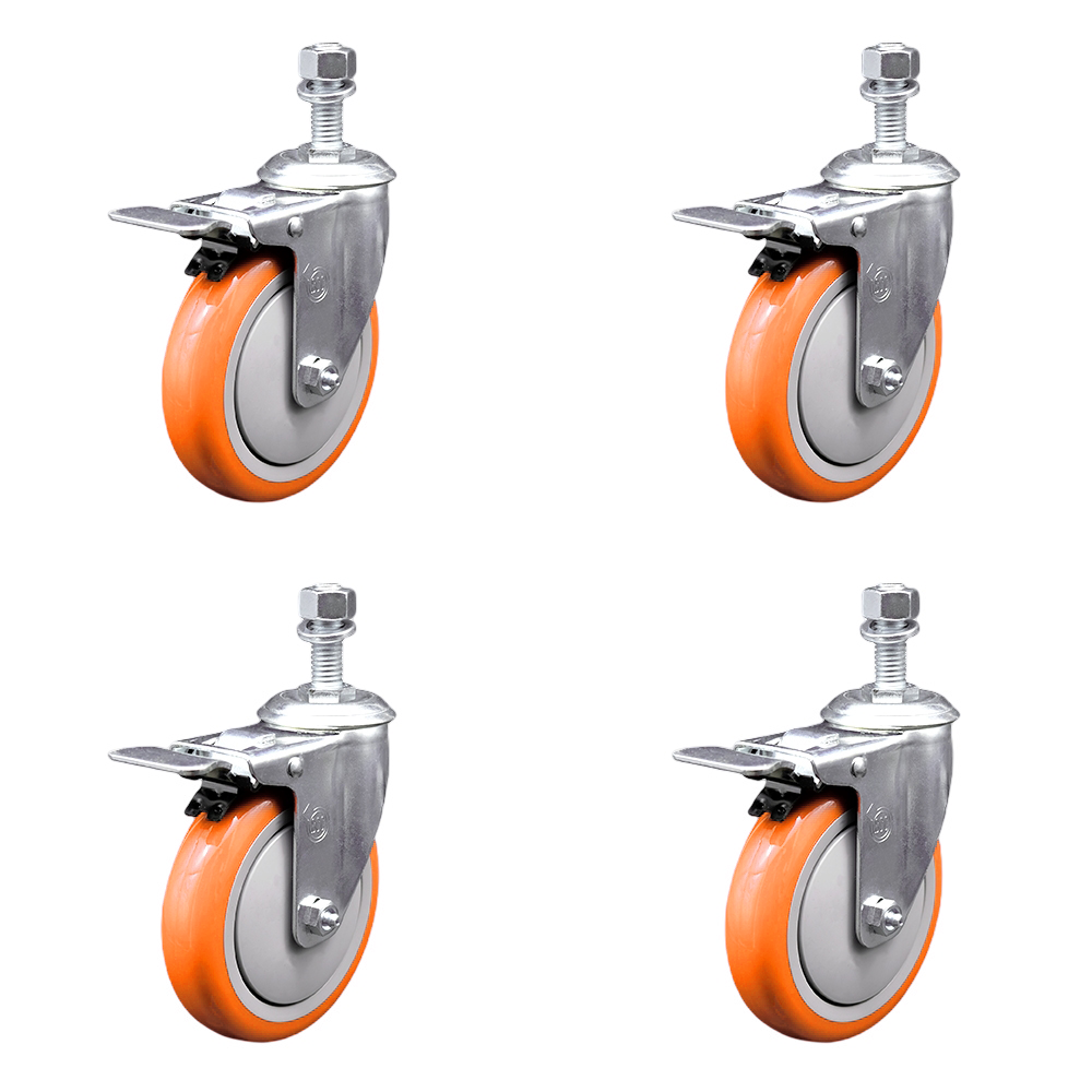 Stainless Steel Polyurethane Swivel Threaded Stem Caster Set of 4 w/5" x 1.25" Orange Wheels and 12mm Stems - Includes 4 with Total Lock Brakes - 1400 lbs Total Capacity - Service Caster Brand — photo 1