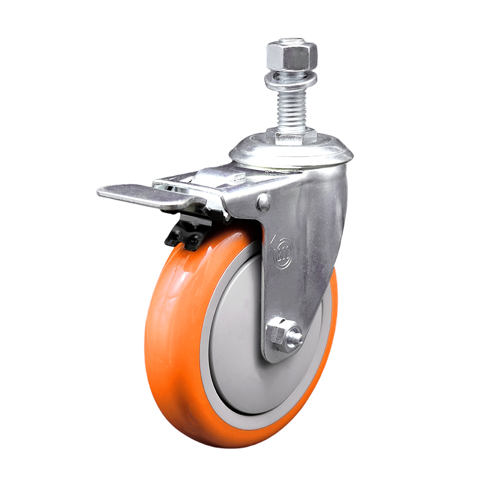 Stainless Steel Polyurethane Swivel Threaded Stem Caster w/5" x 1.25"  Orange Wheel and 12mm Stem & Total Locking Brake - 350 lbs Capacity/Caster - Service Caster Brand — photo 1