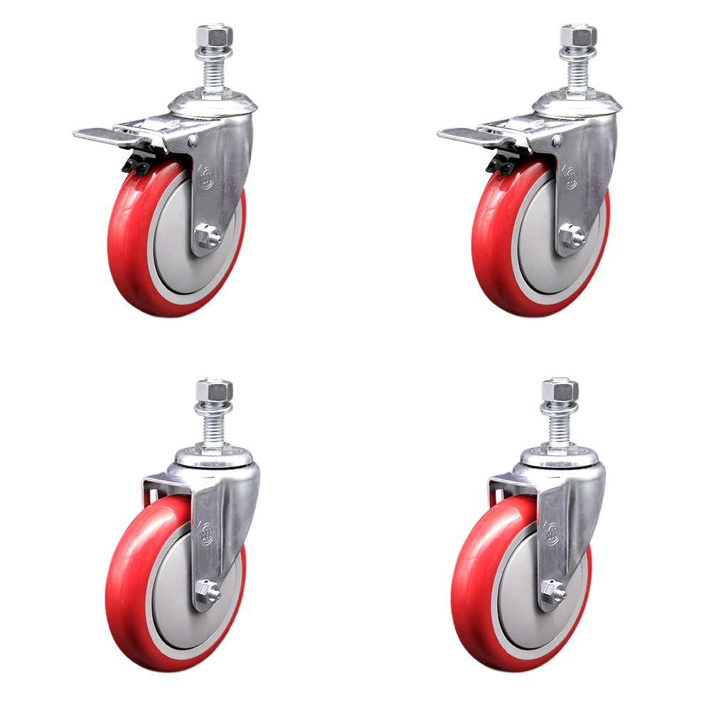 Stainless Steel Polyurethane Swivel Threaded Stem Caster Set of 4 w/5" x 1.25" Red Wheels and 1/2" Stems - Includes 2 with Total Locking Brake - 1400 lbs Total Capacity - Service Caster Brand — photo 1