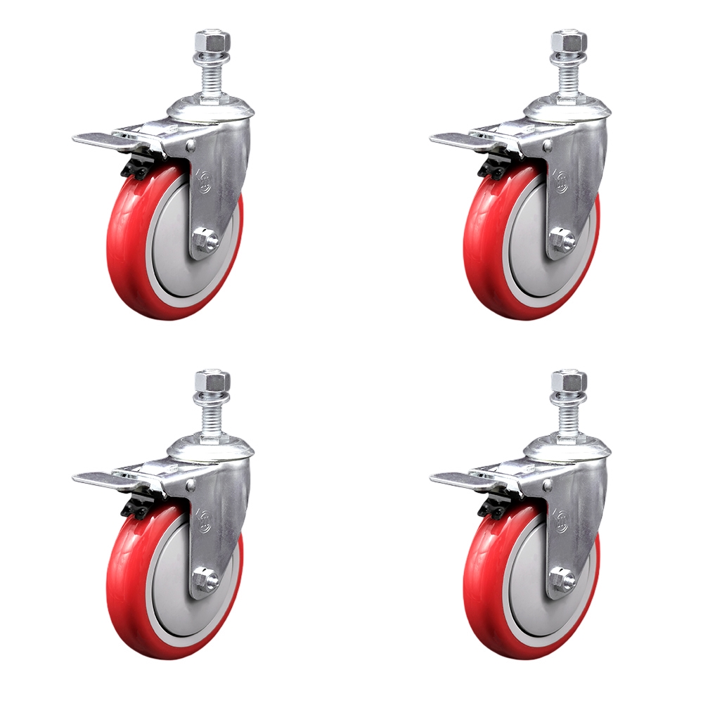 Stainless Steel Polyurethane Swivel Threaded Stem Caster Set of 4 w/5" x 1.25" Red Wheels and 1/2" Stems - Includes 4 with Total Lock Brakes - 1400 lbs Total Capacity - Service Caster Brand — photo 1