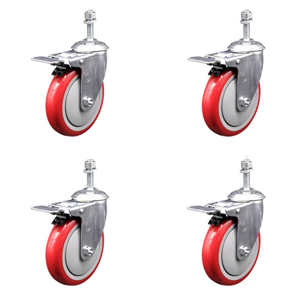Stainless Steel Polyurethane Swivel Threaded Stem Caster Set of 4 w/5" x 1.25" Red Wheels and 3/8" Stems - Includes 4 with Total Lock Brakes - 1400 lbs Total Capacity - Service Caster Brand — photo 1