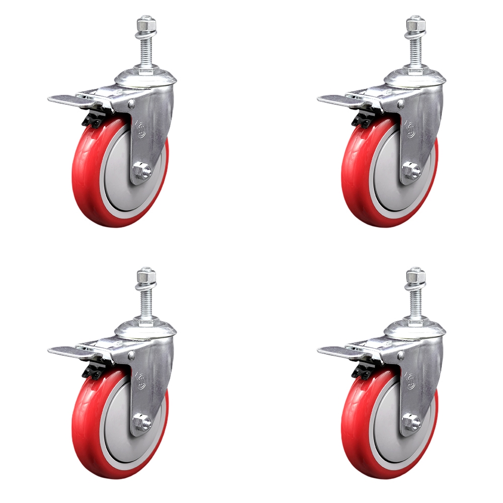Stainless Steel Polyurethane Swivel Threaded Stem Caster Set of 4 w/5" x 1.25" Red Wheels and 10mm Stems - Includes 4 with Total Lock Brakes - 1400 lbs Total Capacity - Service Caster Brand — photo 1
