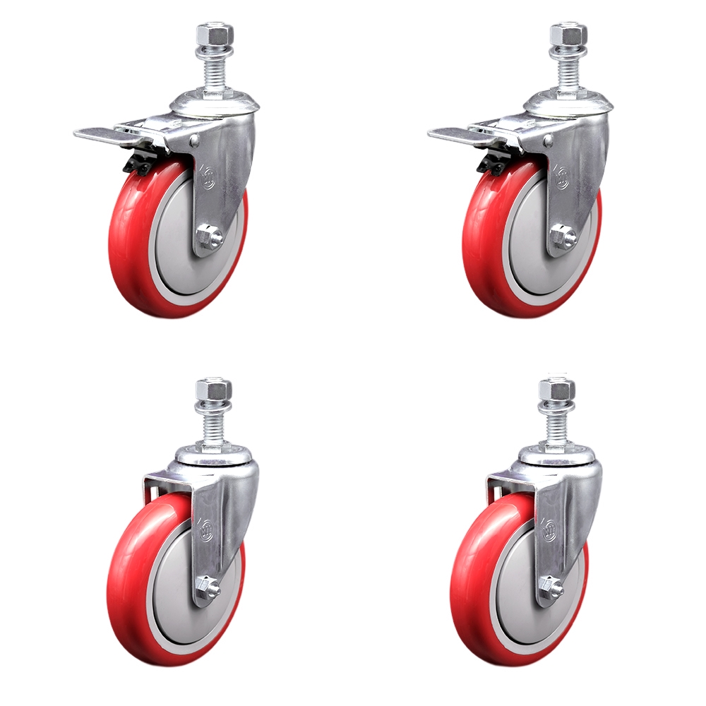 Stainless Steel Polyurethane Swivel Threaded Stem Caster Set of 4 w/5" x 1.25"  Red Wheels and 12mm Stems - Includes 2 with Total Locking Brake - 1400 lbs Total Capacity - Service Caster Brand — photo 1