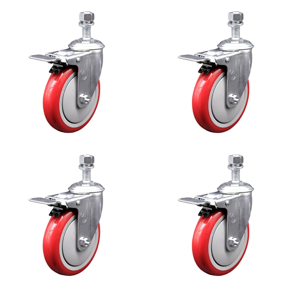 Stainless Steel Polyurethane Swivel Threaded Stem Caster Set of 4 w/5" x 1.25" Red Wheels and 12mm Stems - Includes 4 with Total Lock Brakes - 1400 lbs Total Capacity - Service Caster Brand — photo 1