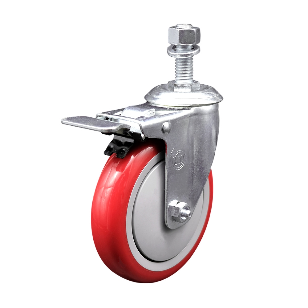 Stainless Steel Polyurethane Swivel Threaded Stem Caster w/5" x 1.25"  Red Wheel and 12mm Stem & Total Locking Brake - 350 lbs Capacity/Caster - Service Caster Brand — photo 1
