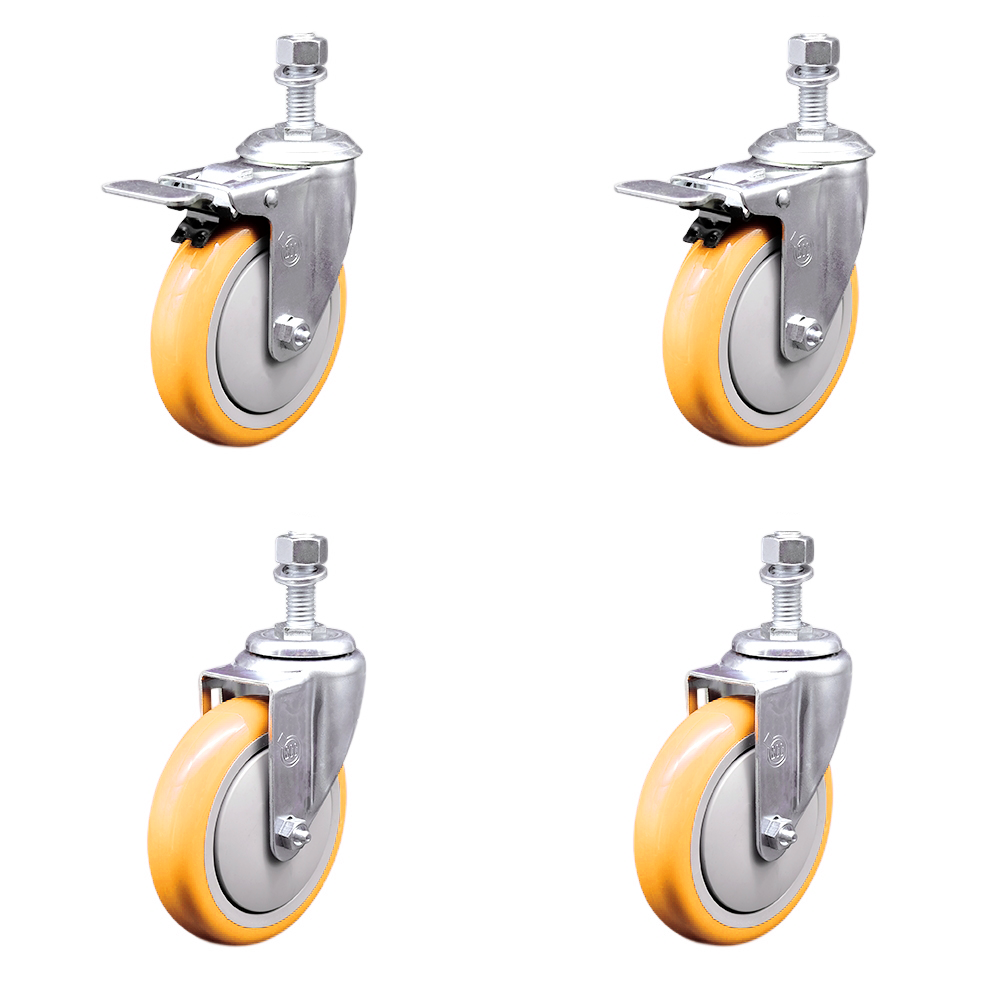 Stainless Steel Polyurethane Swivel Threaded Stem Caster Set of 4 w/5" x 1.25" Yellow Wheels and 1/2" Stems - Includes 2 with Total Locking Brake - 1400 lbs Total Capacity - Service Caster Brand — photo 1