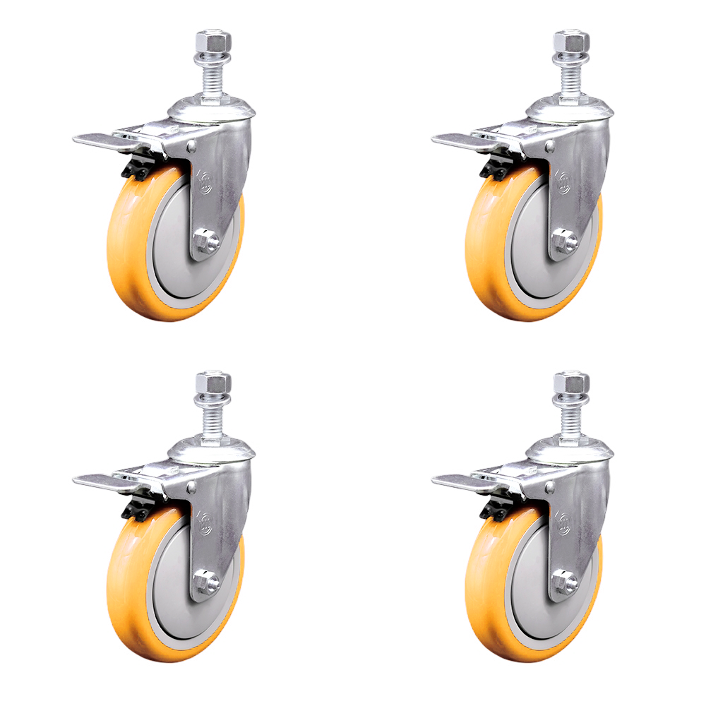 Stainless Steel Polyurethane Swivel Threaded Stem Caster Set of 4 w/5" x 1.25" Yellow Wheels and 1/2" Stems - Includes 4 with Total Lock Brakes - 1400 lbs Total Capacity - Service Caster Brand — photo 1