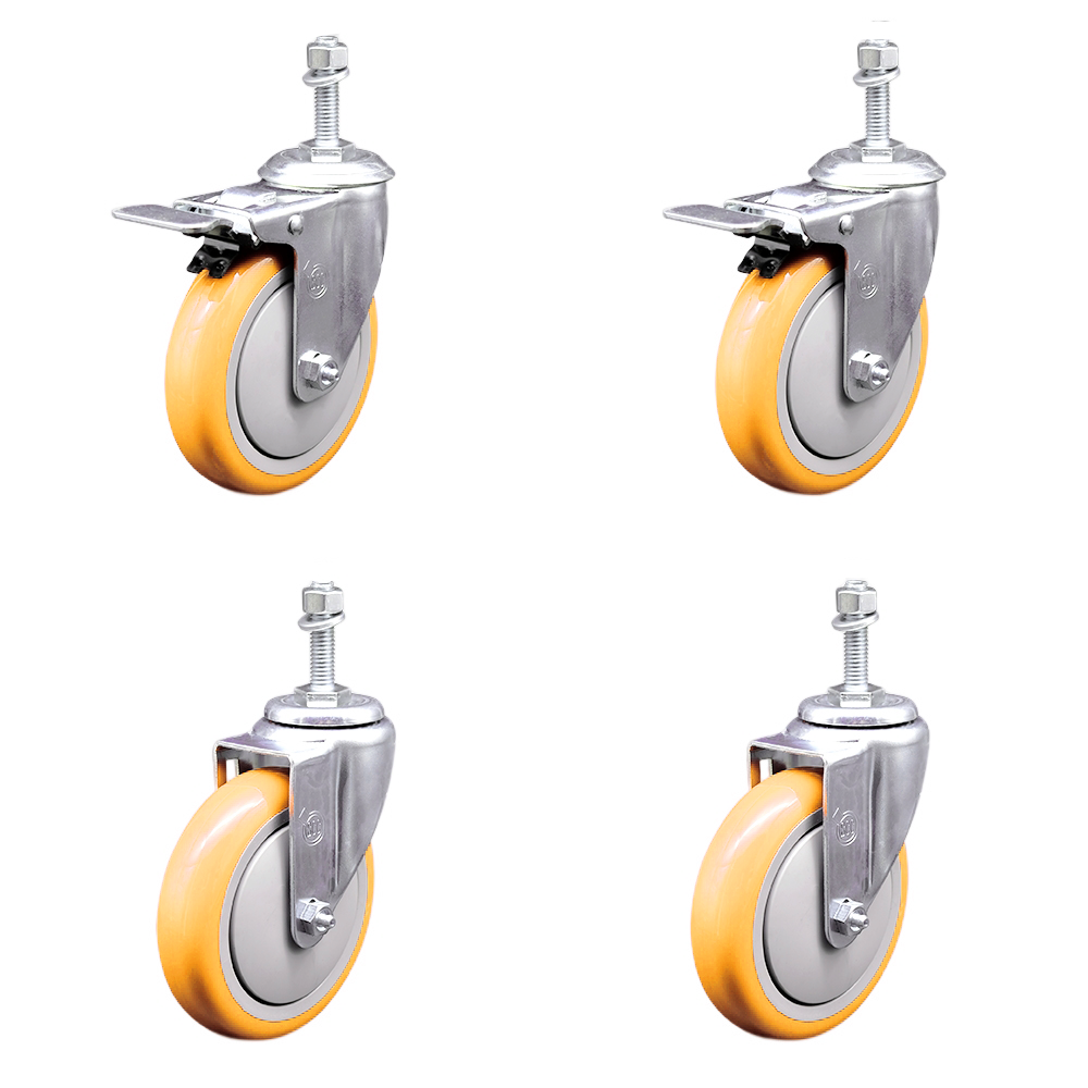 Stainless Steel Polyurethane Swivel Threaded Stem Caster Set of 4 w/5" x 1.25" Yellow Wheels and 3/8" Stems - Includes 2 with Total Locking Brake - 1400 lbs Total Capacity - Service Caster Brand — photo 1