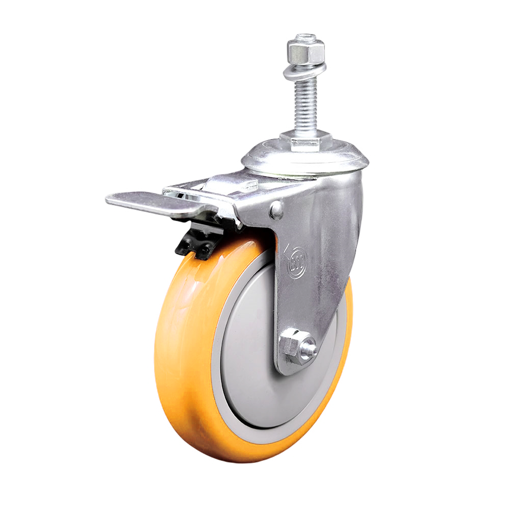 Stainless Steel Polyurethane Swivel Threaded Stem Caster w/5" x 1.25"  Yellow Wheel and 3/8" Stem & Total Locking Brake - 350 lbs Capacity/Caster - Service Caster Brand — photo 1