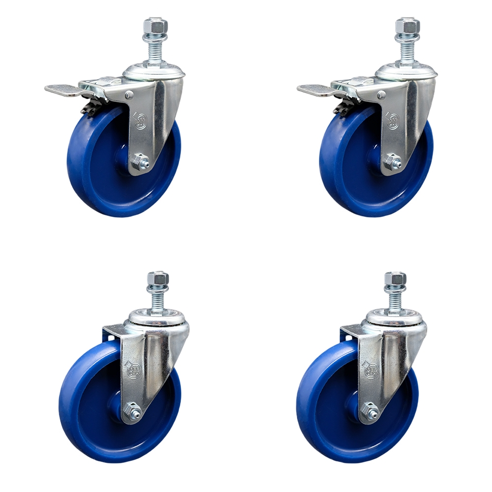 Stainless Steel Solid Polyurethane Swivel Threaded Stem Caster Set of 4 w/5" x 1.25" Blue Wheels and 1/2" Stems - Includes 2 with Total Locking Brake - 1200 lbs Total Capacity - Service Caster Brand — photo 1