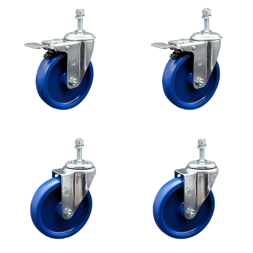 Stainless Steel Solid Polyurethane Swivel Threaded Stem Caster Set of 4 w/5" x 1.25" Blue Wheels and 3/8" Stems - Includes 2 with Total Locking Brake - 1200 lbs Total Capacity - Service Caster Brand — photo 1