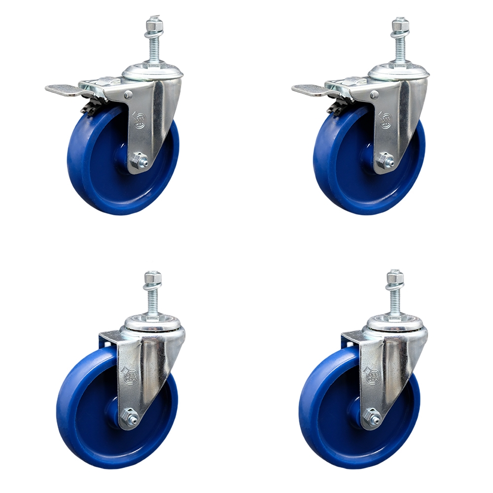 Stainless Steel Solid Polyurethane Swivel Threaded Stem Caster Set 4 w/5" x 1.25" Blue Wheels and 10MM Metric Stems - Includes 2 with Total Locking Brake - 1200 lbs Total Capacity-Service Caster Brand — photo 1