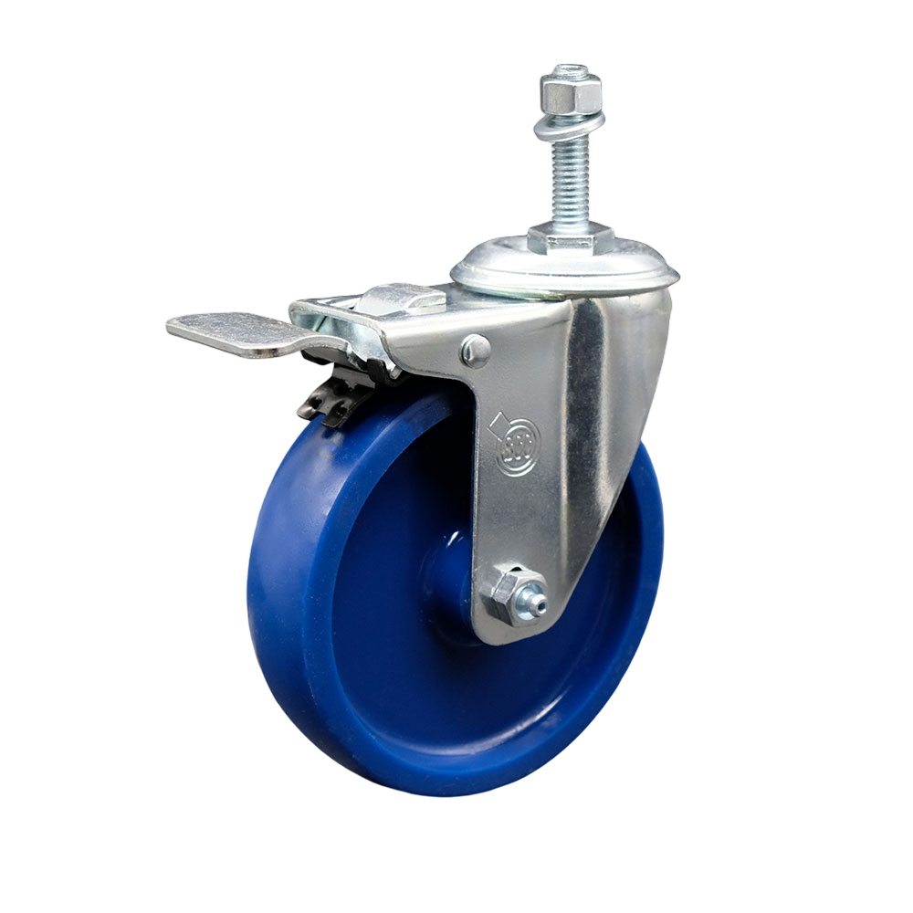 Stainless Steel Solid Polyurethane Swivel Threaded Stem Caster w/5" x 1.25" Blue Wheel and 10MM Metric Stem & Total Locking Brake - 300 lbs Capacity/Caster - Service Caster Brand — photo 1