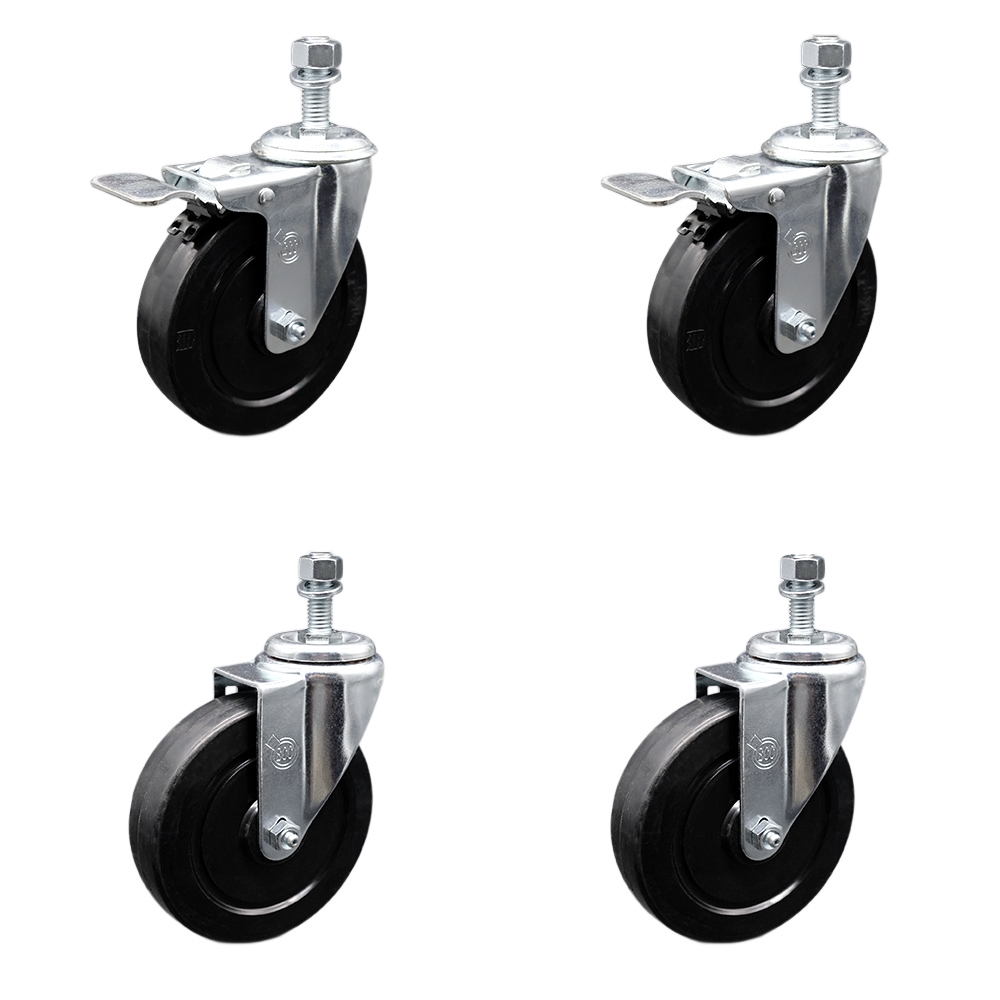 Stainless Steel Soft Rubber Swivel Threaded Stem Caster Set of 4 w/5" x 1.25" Black Wheels and 1/2" Stems - Includes 2 with Total Locking Brake - 1100 lbs Total Capacity - Service Caster Brand — photo 1