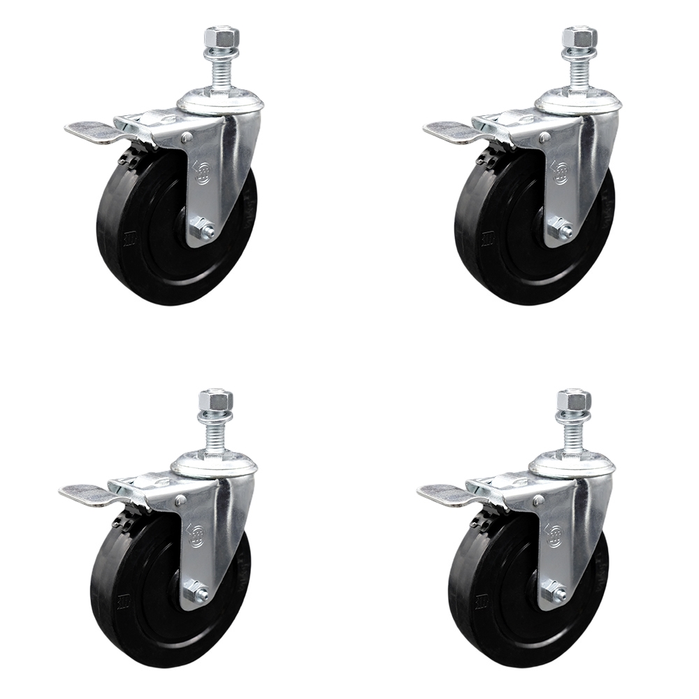 Stainless Steel Soft Rubber Swivel Threaded Stem Caster Set of 4 w/5" x 1.25" Black Wheels and 1/2" Stems - Includes 4 with Total Lock Brakes - 1100 lbs Total Capacity - Service Caster Brand — photo 1
