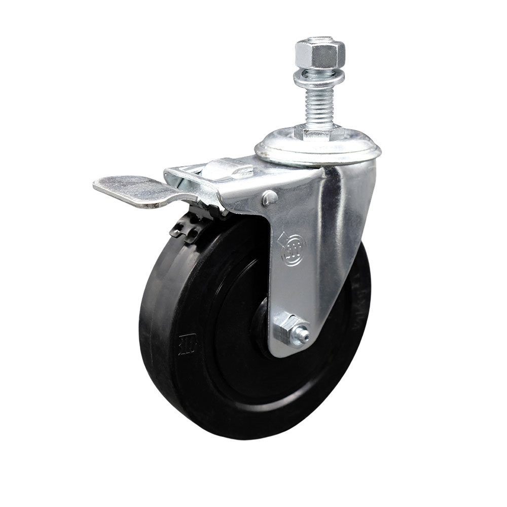 Stainless Steel Soft Rubber Swivel Threaded Stem Caster w/5" x 1.25" Black Wheel and 1/2" Stem & Total Locking Brake - 275 lbs Capacity/Caster - Service Caster Brand — photo 1
