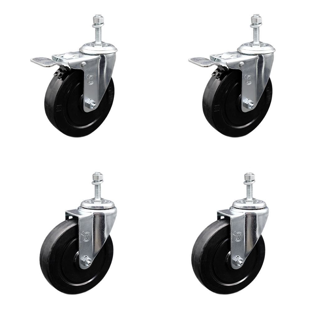 Stainless Steel Soft Rubber Swivel Threaded Stem Caster Set of 4 w/5" x 1.25" Black Wheels and 3/8" Stems - Includes 2 with Total Locking Brake - 1100 lbs Total Capacity - Service Caster Brand — photo 1