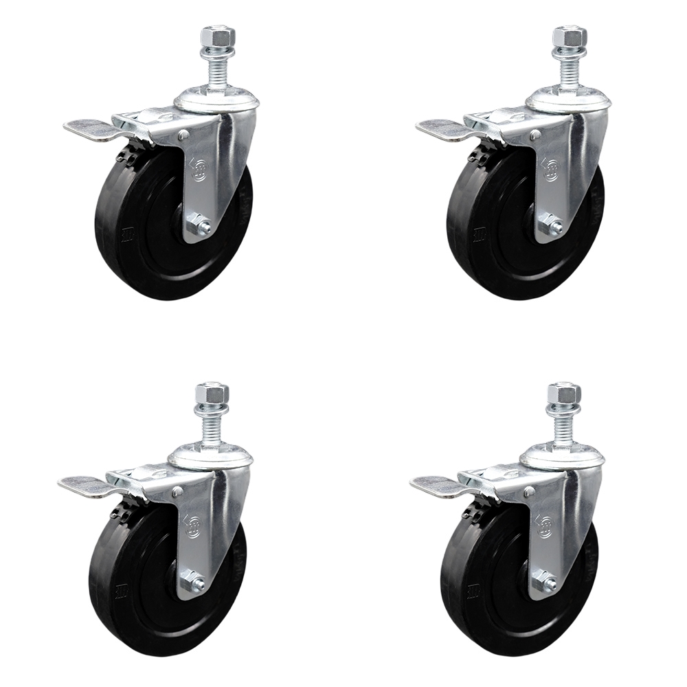 Stainless Steel Soft Rubber Swivel Threaded Stem Caster Set of 4 w/5" x 1.25" Black Wheels and 3/8" Stems - Includes 4 with Total Lock Brakes - 1100 lbs Total Capacity - Service Caster Brand — photo 1