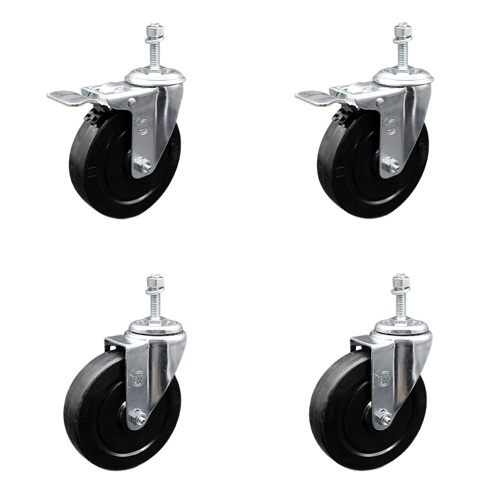 Stainless Steel Soft Rubber Swivel Threaded Stem Caster Set 4 w/5" x 1.25" Black Wheels and 10MM Metric Stems - Includes 2 with Total Locking Brake - 1100 lbs Total Capacity-Service Caster Brand — photo 1