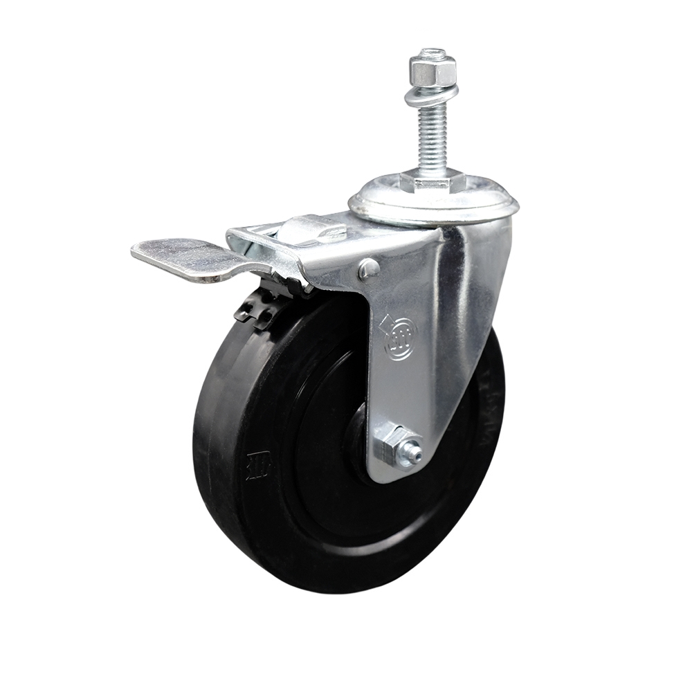 Stainless Steel Soft Rubber Swivel Threaded Stem Caster w/5" x 1.25" Black Wheel and 10MM Metric Stem & Total Locking Brake - 275 lbs Capacity/Caster - Service Caster Brand — photo 1