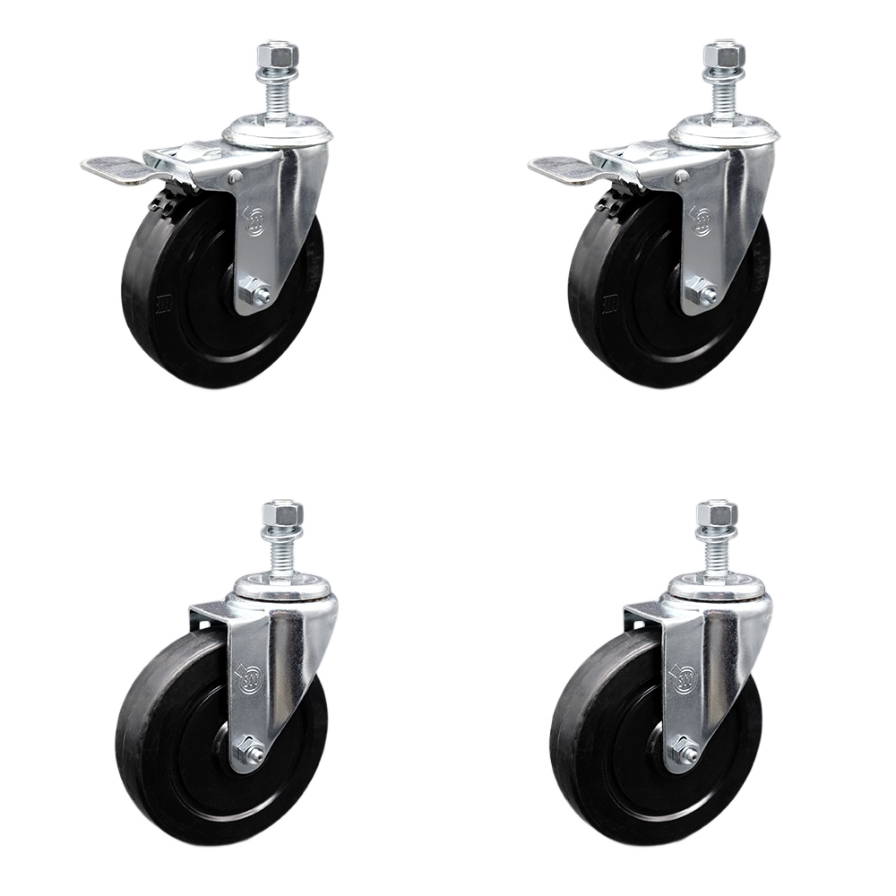 Stainless Steel Soft Rubber Swivel Threaded Stem Caster Set 4 w/5" x 1.25" Black Wheels and 12MM Metric Stems - Includes 2 with Total Locking Brake - 1100 lbs Total Capacity-Service Caster Brand — photo 1