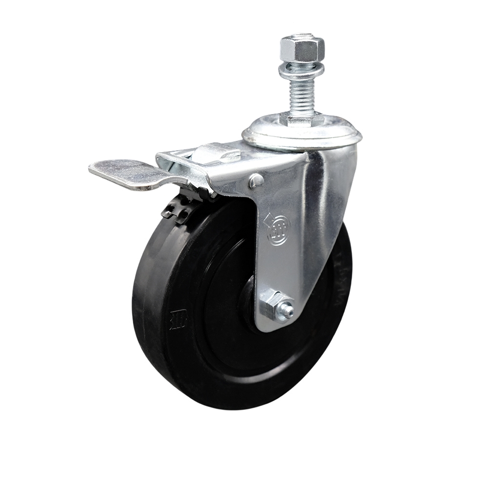 Stainless Steel Soft Rubber Swivel Threaded Stem Caster w/5" x 1.25" Black Wheel and 12MM Metric Stem & Total Locking Brake - 275 lbs Capacity/Caster - Service Caster Brand — photo 1