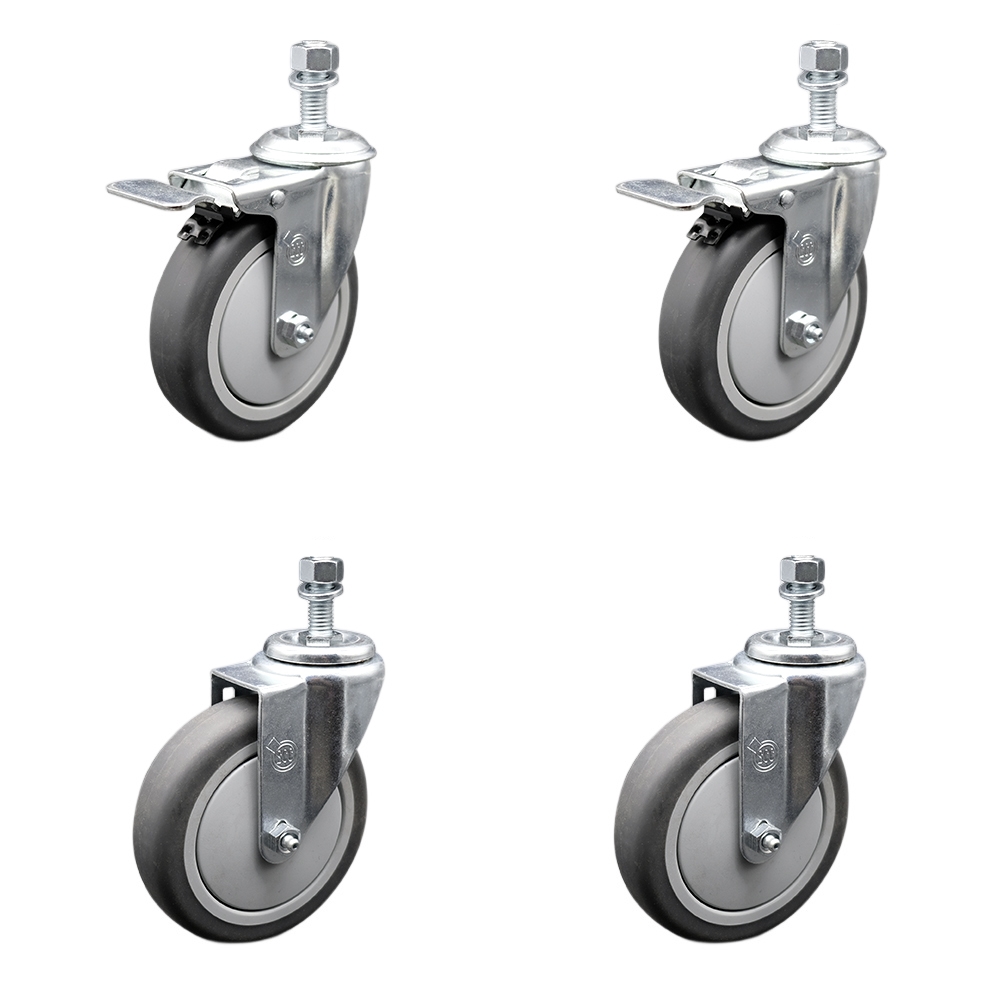 Stainless Steel Thermoplastic Rubber Swivel Threaded Stem Caster Set of 4 - 5" x 1.25" Gray Wheels and 1/2" Stems - Includes 2 with Total Locking Brake - 1,200 lbs Total Capacity-Service Caster Brand — photo 1