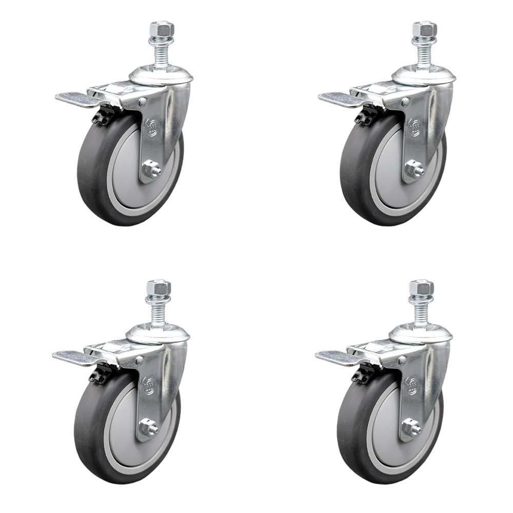 Stainless Steel Thermoplastic Rubber Swivel Threaded Stem Caster Set of 4 w/5" x 1.25" Gray Wheels and 1/2" Stems - Includes 4 with Total Lock Brakes - 1200 lbs Total Capacity - Service Caster Brand — photo 1