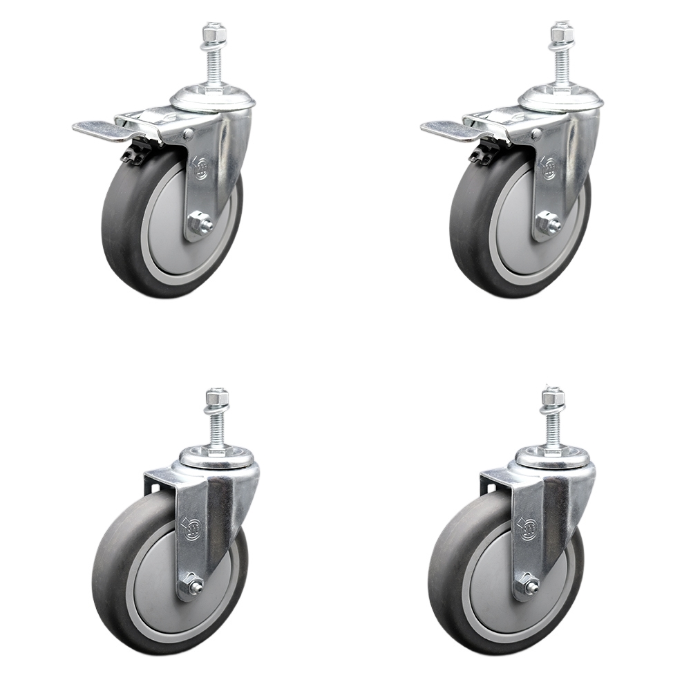Stainless Steel Thermoplastic Rubber Swivel Threaded Stem Caster Set of 4 - 5" x 1.25" Gray Wheels and 3/8" Stems - Includes 2 with Total Locking Brake - 1,200 lbs Total Capacity-Service Caster Brand — photo 1