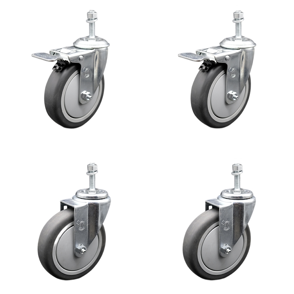 Stainless Steel Thermoplastic Rubber Swivel Threaded Stem Caster Set of 4- 5" x 1.25" Gray Wheels & 10MM Metric Stems-Includes 2 with Total Locking Brake-1,200 lbs Total Capacity-Service Caster Brand — photo 1