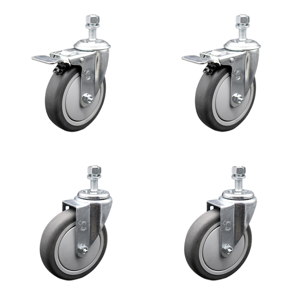 Stainless Steel Thermoplastic Rubber Swivel Threaded Stem Caster Set of 4- 5" x 1.25" Gray Wheels & 12MM Metric Stems-Includes 2 with Total Locking Brake-1,200 lbs Total Capacity-Service Caster Brand — photo 1