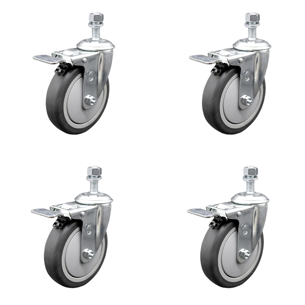 Stainless Steel Thermoplastic Rubber Swivel Threaded Stem Caster Set of 4 w/5" x 1.25" Gray Wheels and 12mm Stems - Includes 4 with Total Lock Brakes - 1200 lbs Total Capacity - Service Caster Brand — photo 1
