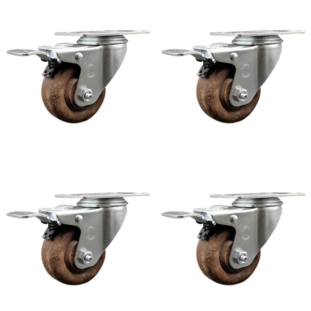 Stainless Steel High Temp Glass Filled Nylon Swivel Top Plate Caster Set of 4 w/3" x 1.25" Brown Wheels - Includes 4 Swivel with Total Lock Brakes - 1400 lbs Total Capacity - Service Caster Brand — photo 1